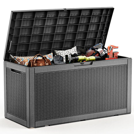 100 Gallon Deck Box,Resin Outdoor Storage Box with Lockable for Patio Furniture, Pool Accessories, Garden Tools Waterproof Outside Storage Box, Black