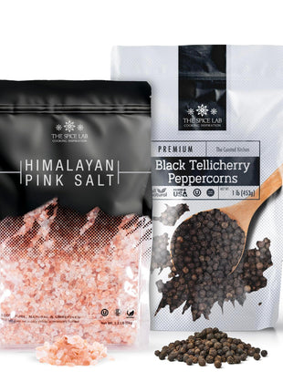 The Spice Lab Pink Himalayan Salt and Pepper Combination Gift Pack (Coarse Salt + Peppercorn Bags)