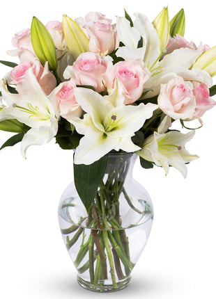 Benchmark Bouquets - Oriental Lily Flower & Pink Roses Bouquet - Fresh Flowers for Delivery - Real Flowers in a Vase - Romantic Gift Set - Easter Gifts (Glass Vase Included)