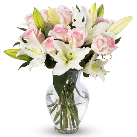 Benchmark Bouquets - Oriental Lily Flower & Pink Roses Bouquet - Fresh Flowers for Delivery - Real Flowers in a Vase - Romantic Gift Set - Easter Gifts (Glass Vase Included)