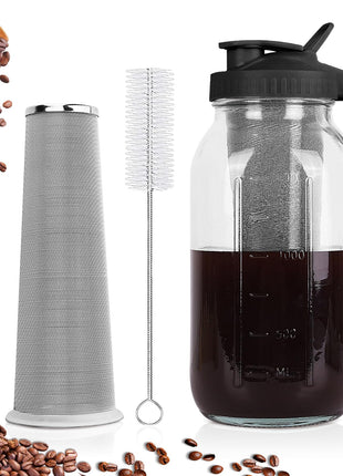 Cold Brew Coffee Maker,64 oz Mason Jar Pitcher with Stainless Steel Filter, Pour Spout Handle Lid, Heavy Duty Glass Airtight & Leak-Proof for Iced Coffee,Tea & Lemonade