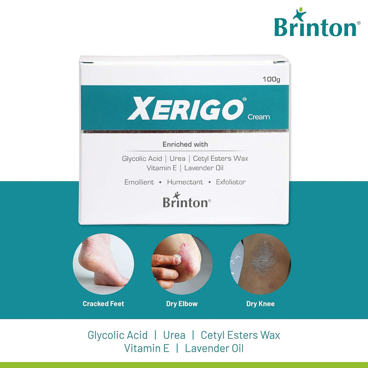 Brinton Xerigo Intense Skin Moisturizing Cream with Exfoliating Ingredients for Cracked Feet, Elbow & Knees, Prevents Moisture Loss, Non-Greasy Quick Absorbing Formula, Lavender, 100 g