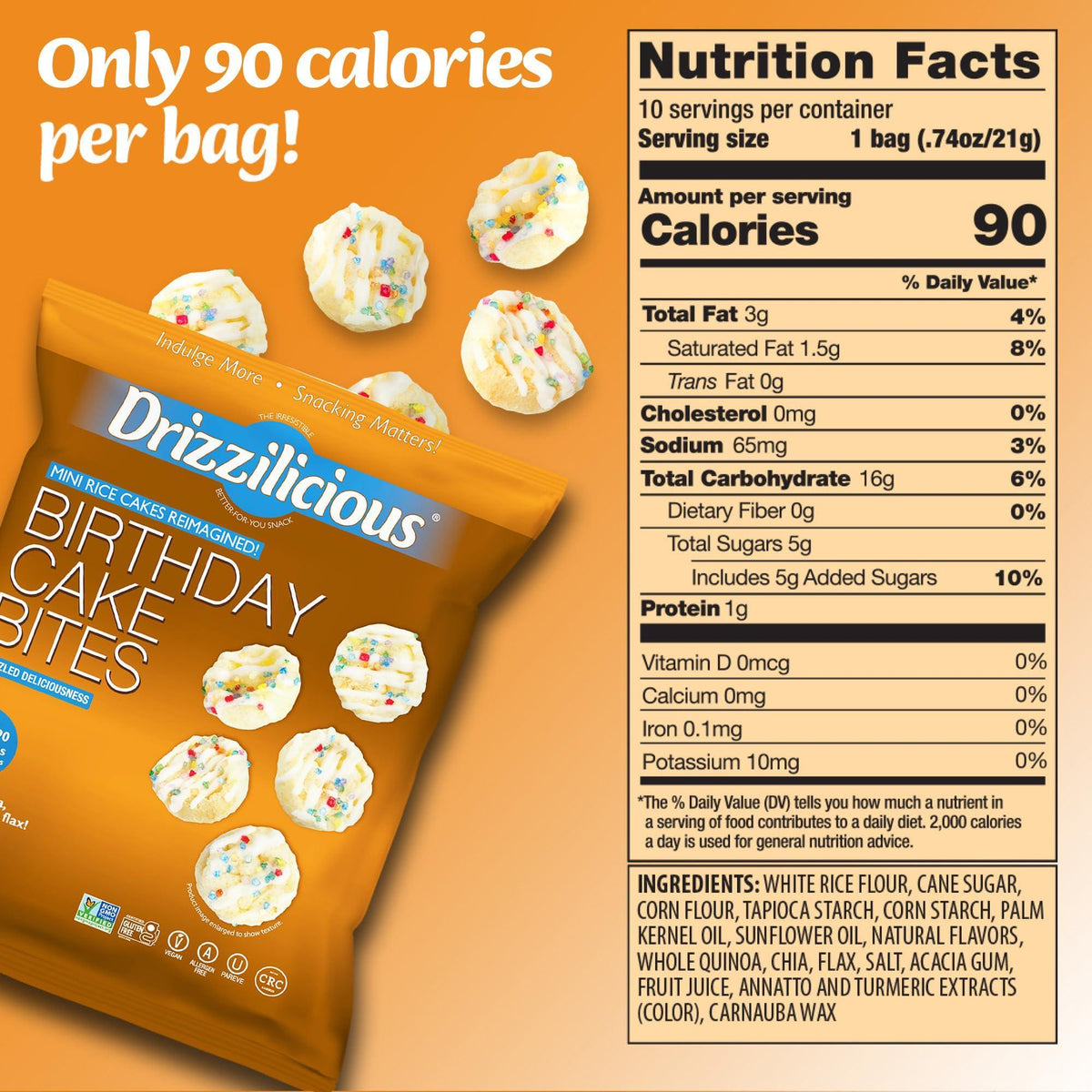 Drizzilicious Mini Rice Cakes Birthday Cake - Rice Crisps, Healthy Snack for Adults and Kids, Flavored Rice Cakes, Vegan, Gluten Free, Allergen Free, Only 90 Calories Per Bag - 0.74 oz (Pack of 10)
