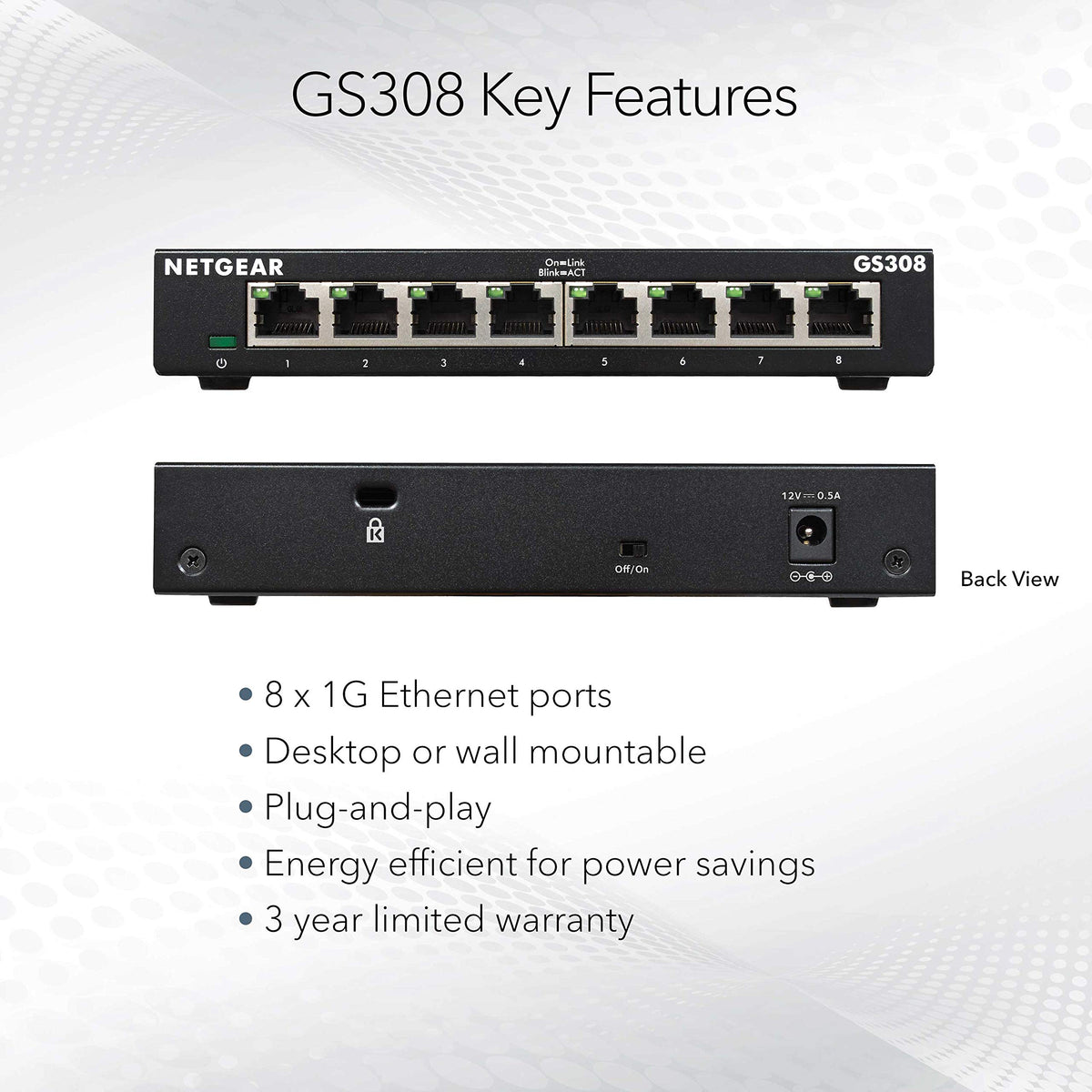 NETGEAR 8-Port Gigabit Ethernet Unmanaged Essentials Switch (GS308) - Home Network Hub, Office Ethernet Splitter, Plug-and-Play, Silent Operation, Desktop or Wall Mount