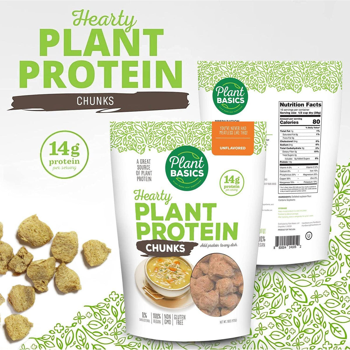 Plant Basics - Hearty Plant Protein - Unflavored Chunks, 1 lb, Non-GMO, Gluten Free, Low Fat, Low Sodium, Vegan, Meat Substitute