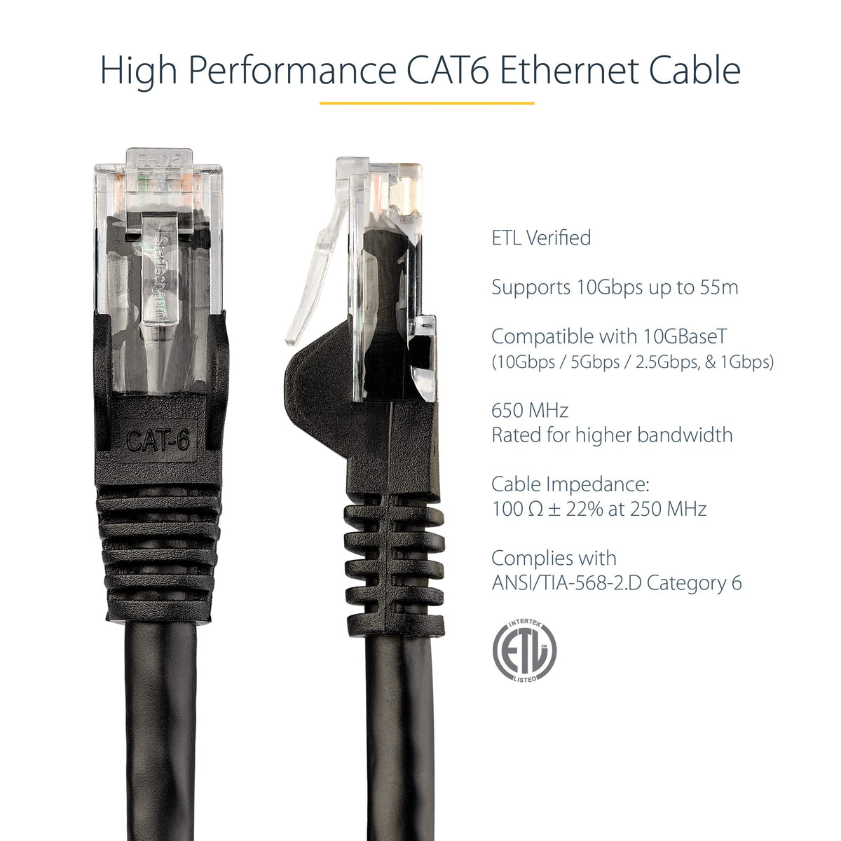 StarTech.com 20ft CAT6 Ethernet Cable - Black CAT 6 Gigabit Ethernet Wire -650MHz 100W PoE RJ45 UTP Network/Patch Cord Snagless w/Strain Relief Fluke Tested/Wiring is UL Certified/TIA (N6PATCH20BK)
