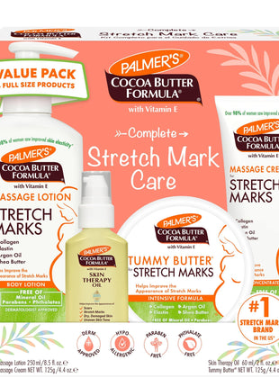 Palmer's Pregnancy Essentials Skin Care Kit, Cocoa Butter Formula (4 Piece) | Includes Massage Lotion, Massage Cream, Tummy Butter and Skin Therapy Oil for Stretch Marks, the ideal gift for mom to be