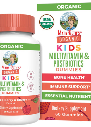 MaryRuth Organics Kids Vitamins | USDA Organic | Multivitamin Gummies + Postbiotics for Ages 4+ | Lactobacillus Rhamnosus | Vegan | Non GMO | 60 Count