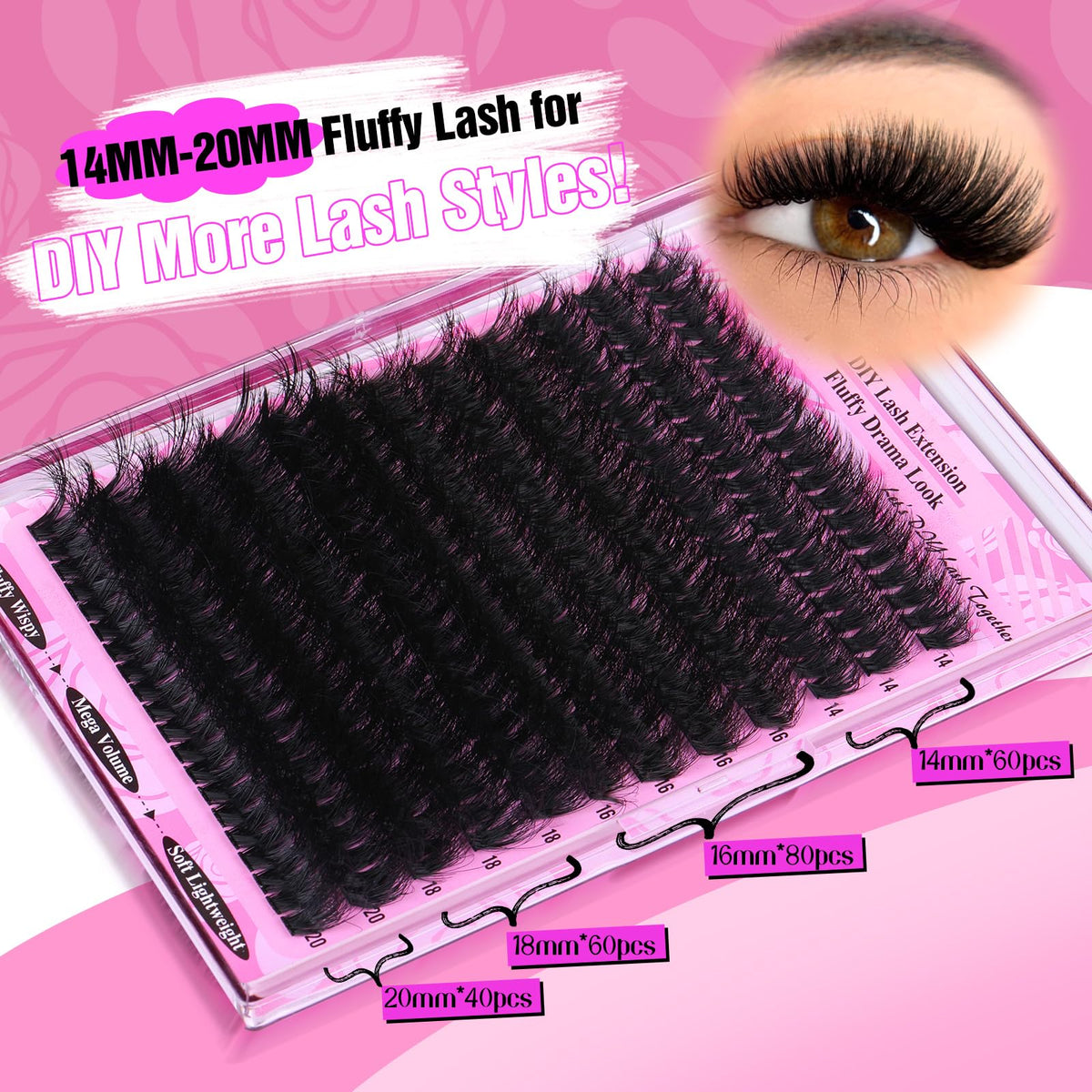 Yawamica Fluffy Lash Clusters Thick 200D Volume Eyelash Clusters 14-20mm Wispy Individual Lashes D Curly Cluster Eyelash Extensions 240pcs DIY Lash Extension for Beginners