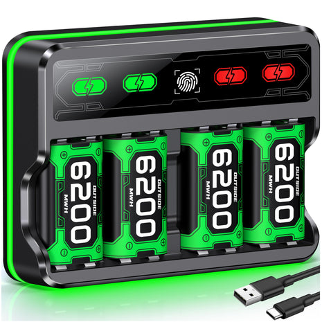 Mocagen 4 Pack 6200mAh Rechargeable Battery Pack for Xbox Series X|S/Xbox One/Elite Controller Charger Station with Touch-Sensor Light Strip, 30+hrs Playtime, Overcharge Protection