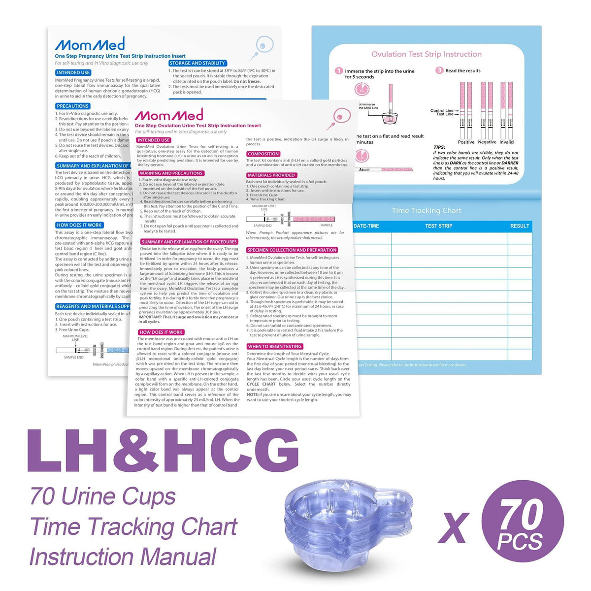 MomMed Ovulation Test Strips, Ovulation and Pregnancy Tests (LH50-HCG20), Includes 50 Ovulation Tests and 20 Pregnancy Tests with 70 Urine Cups, Accurately Track Ovulation and Detect Early Pregnancy