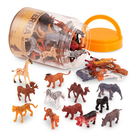 Terra by Battat Wild Animal Figurines Tube, 60 Mini Safari Figures, Animals | 60 realistic mini wild animal figures in a portable tube for pretend play, crafts, dioramas, sensory bins, Animals, 3+ Years