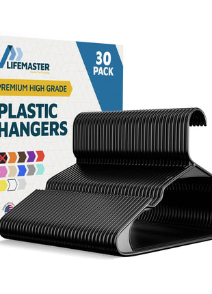 Lifemaster Plastic Clothes Hanger Set - 30 Pieces Versatile, Lightweight, Space-Saving, Non-Slip, Slim Designed, Dry and Wet Clothes Hanger Set - Black