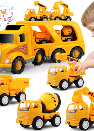 Construction Truck Toys for Toddler 3-4: 5-in-1 Vehicles with Sound Lights | 13 inch Big Carrier 4 Mini Truck - Great for Little Boys Daily Repeat Play - Ideal Christmas Birthday Gifts for Boy Grandkids