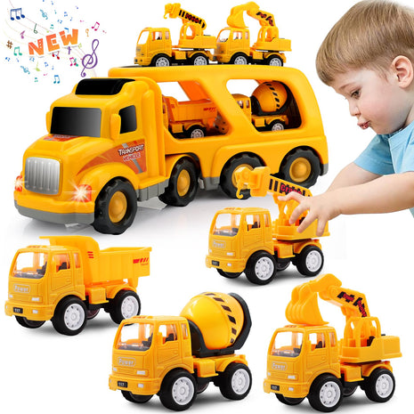Construction Truck Toys for Toddler 3-4: 5-in-1 Vehicles with Sound Lights | 13 inch Big Carrier 4 Mini Truck - Great for Little Boys Daily Repeat Play - Ideal Christmas Birthday Gifts for Boy Grandkids