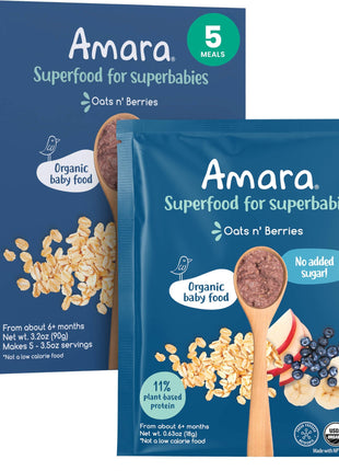 Amara Organic Baby Food - Stage 2 - Oats & Berries - Baby Cereal to Mix With Breastmilk & Water - Shelf Stable Baby Food Pouches Made from Organic Fruit and Veggies - 5 Pouches, 3.5oz Per Serving