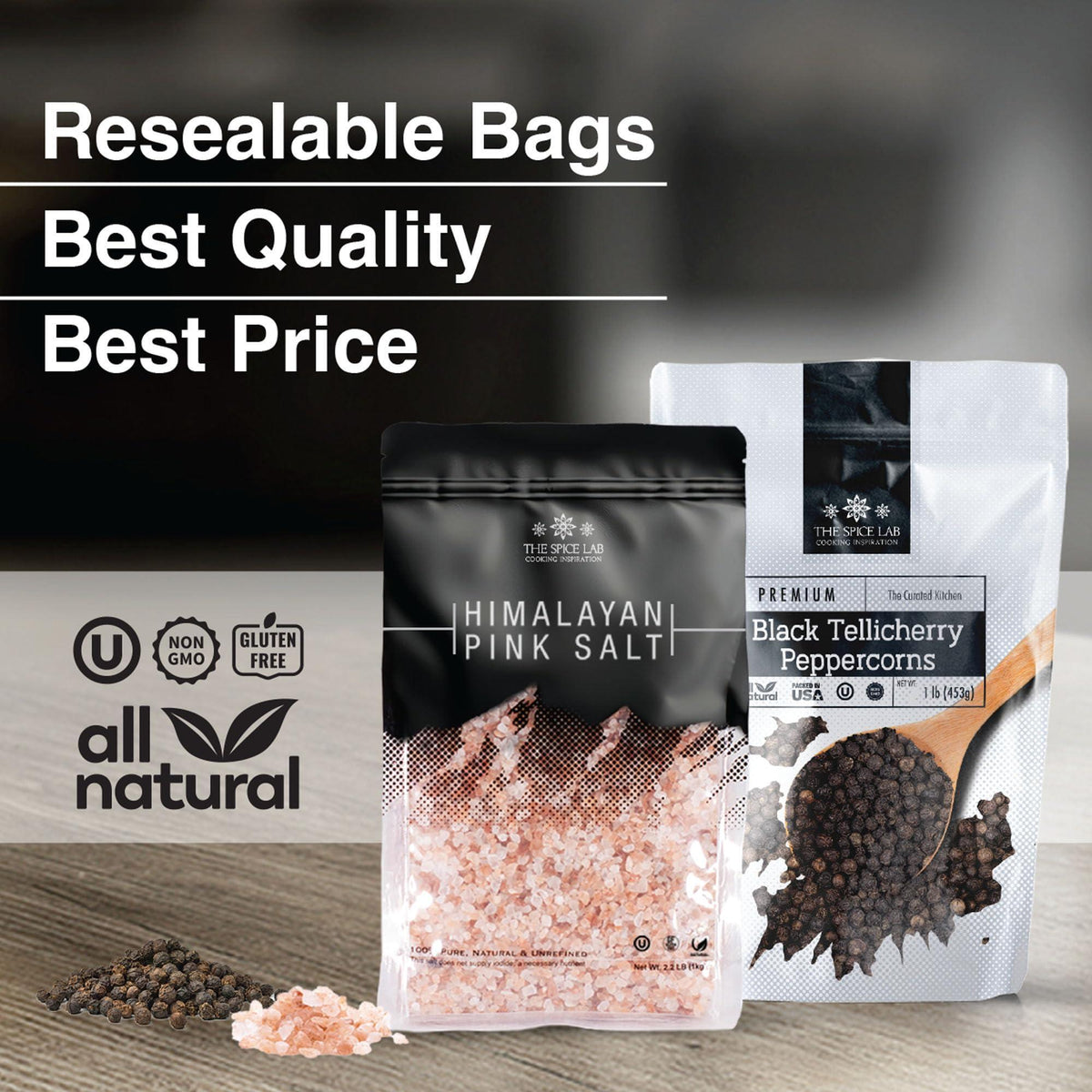 The Spice Lab Pink Himalayan Salt and Pepper Combination Gift Pack (Coarse Salt + Peppercorn Bags)
