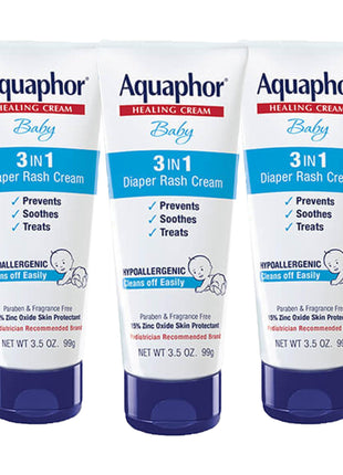 Aquaphor Baby Diaper Rash Cream, 3-in-1 Diaper Rash Relief, 3.5 Oz Tube, (Pack of 3)