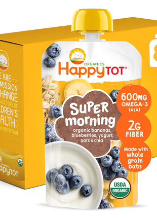 Happy Tot Organics Stage 4 Baby Food Pouches, Gluten Free, Super Morning Fruit & Oat Blend, Bananas, Blueberries, Yogurt, Oats & Chia, 4 Oz (Pack of 8)