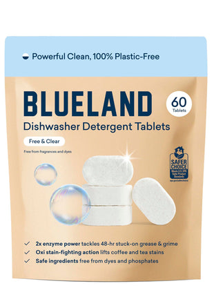 BLUELAND 100% Plastic-Free Dishwasher Detergent Tablets, 60ct, Free & Clear | Eco-Friendly Dishwashing Pods, Cuts Grease & Stuck on Food, Rinses Clean for Streak-Free Shine, Fully Dissolves, Septic Safe
