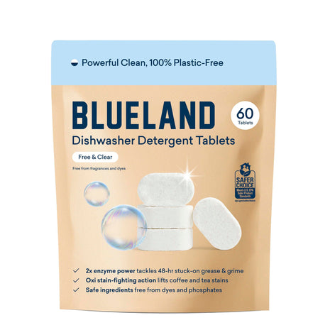 BLUELAND 100% Plastic-Free Dishwasher Detergent Tablets, 60ct, Free & Clear | Eco-Friendly Dishwashing Pods, Cuts Grease & Stuck on Food, Rinses Clean for Streak-Free Shine, Fully Dissolves, Septic Safe