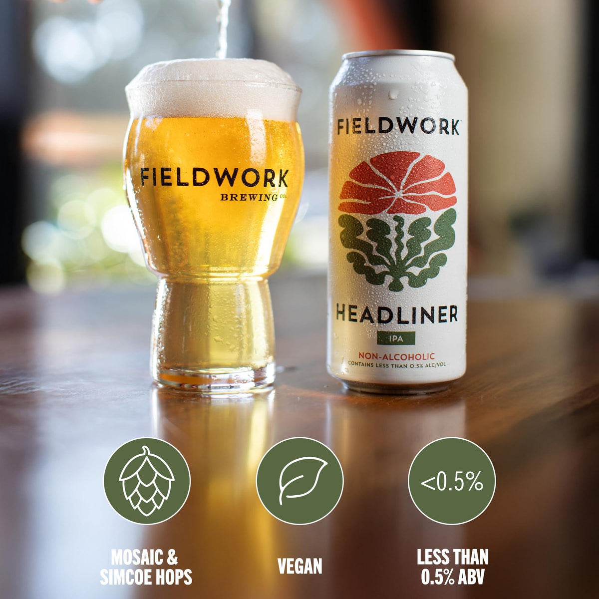 Fieldwork Non-Alcoholic Craft Beer 16 Fl Oz, Award-Winning Taste, Headliner IPA, Vegan, Low-Calorie, 4-Pack Cans
