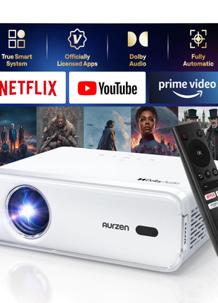 Aurzen EAZZE D1 Smart Projector with WiFi and Bluetooth, Netflix-Officially-Licensed, Auto Focus & Keystone, DoIby Audio, Zoom, Native 1080P Movie, Portable Outdoor Mini Projector, White