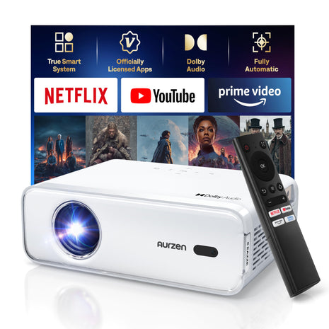 Aurzen EAZZE D1 Smart Projector with WiFi and Bluetooth, Netflix-Officially-Licensed, Auto Focus & Keystone, DoIby Audio, Zoom, Native 1080P Movie, Portable Outdoor Mini Projector, White