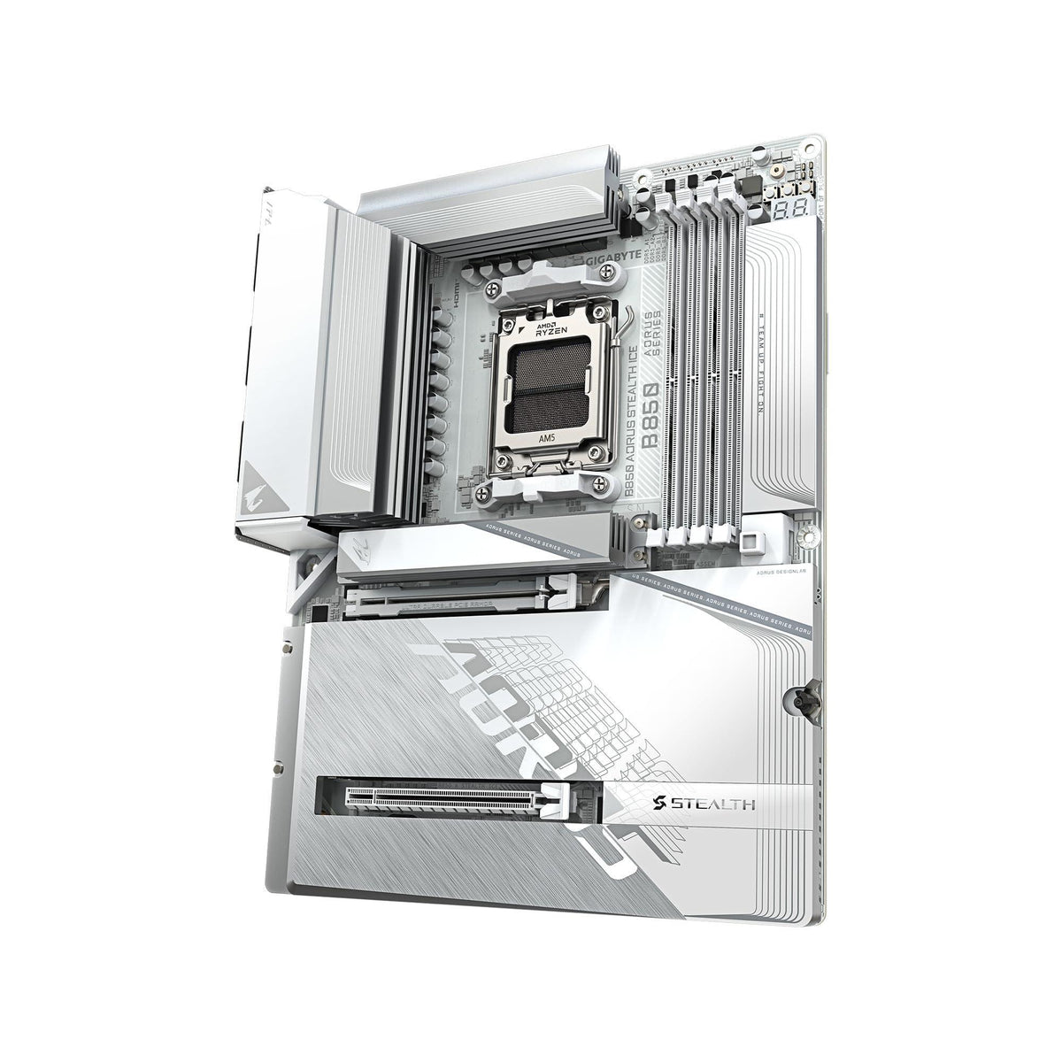 GIGABYTE B850 AORUS STEALTH ICE AMD AM5 Motherboard, ATX, DDR5, 4x M.2, PCIe 5.0, USB-C, WIFI7, 5GbE LAN, EZ-Latch,