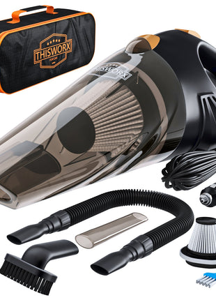 THISWORX Car Vacuum Cleaner - Portable, High Power, Handheld Vacuums w/ 3 Attachments, 16 Ft Cord & Bag - 12v, Auto Accessories Kit for Interior Detailing - Black
