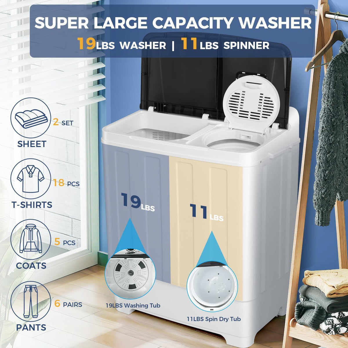 30Lbs Capacity Portable Washing Machine Nictemaw Twin Tub Compact Laundry Machine with Built-in Drain Pump, Washer and Spin Dryer Combo (19Lbs+11Lbs), Mini Washing Machine for Apartments, Dorms, RVs