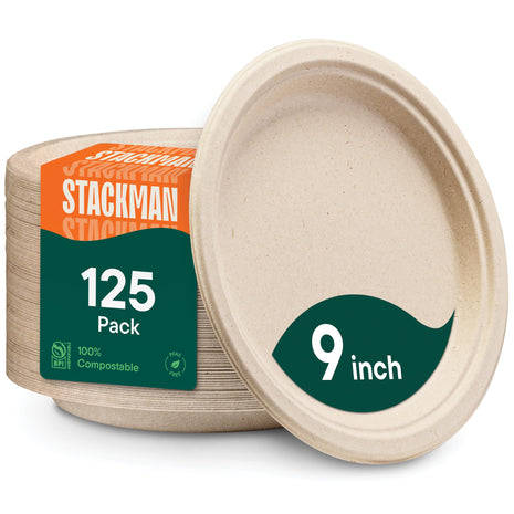 100% Compostable Paper Plates, Heavy Duty Disposable Plates [125-Pack] 9 Inch Plates - Eco-Friendly, Biodegradable Sugarcane Bagasse, Natural Unbleached Brown 9 inch Dinner Paper Plate Disposable