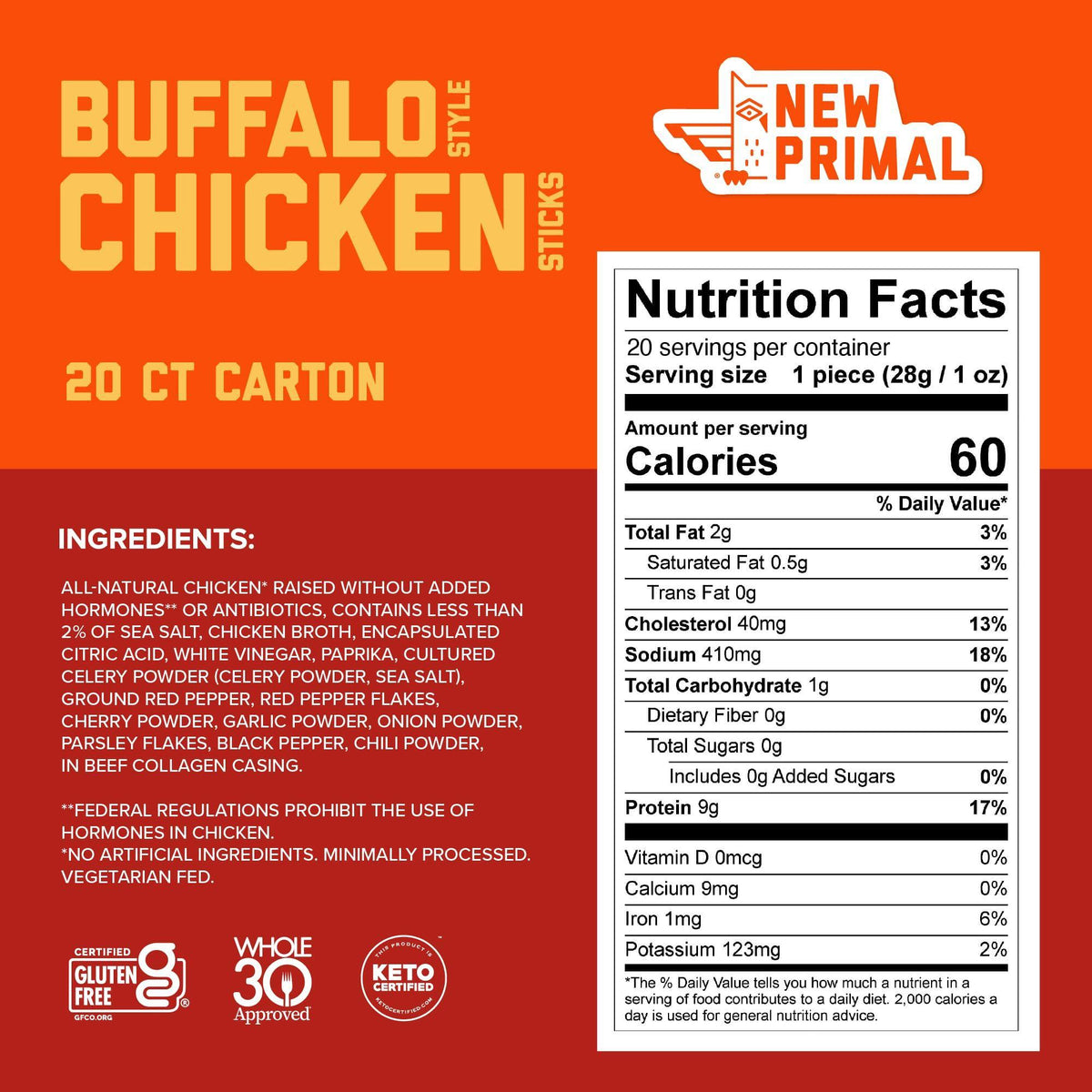 New Primal Buffalo Chicken Sticks, Keto, Gluten Free Healthy Snacks, Sugar Free Low Carb High Protein, Jerky Meat Stick, 9g Protein, 20 Ct