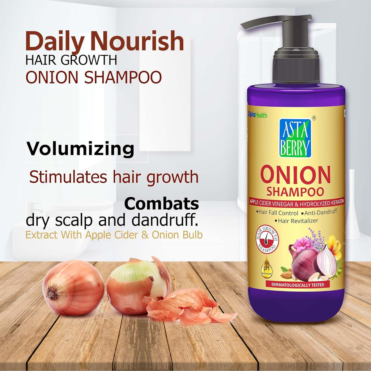 ASTABERRY Onion Shampoo For Hair Growth 300ml- Hair Fall Shampoo | Keeps Dryness away | Dandruff & Revitalizer | Goodness of 21 Herbal Extract & Essentials Oils