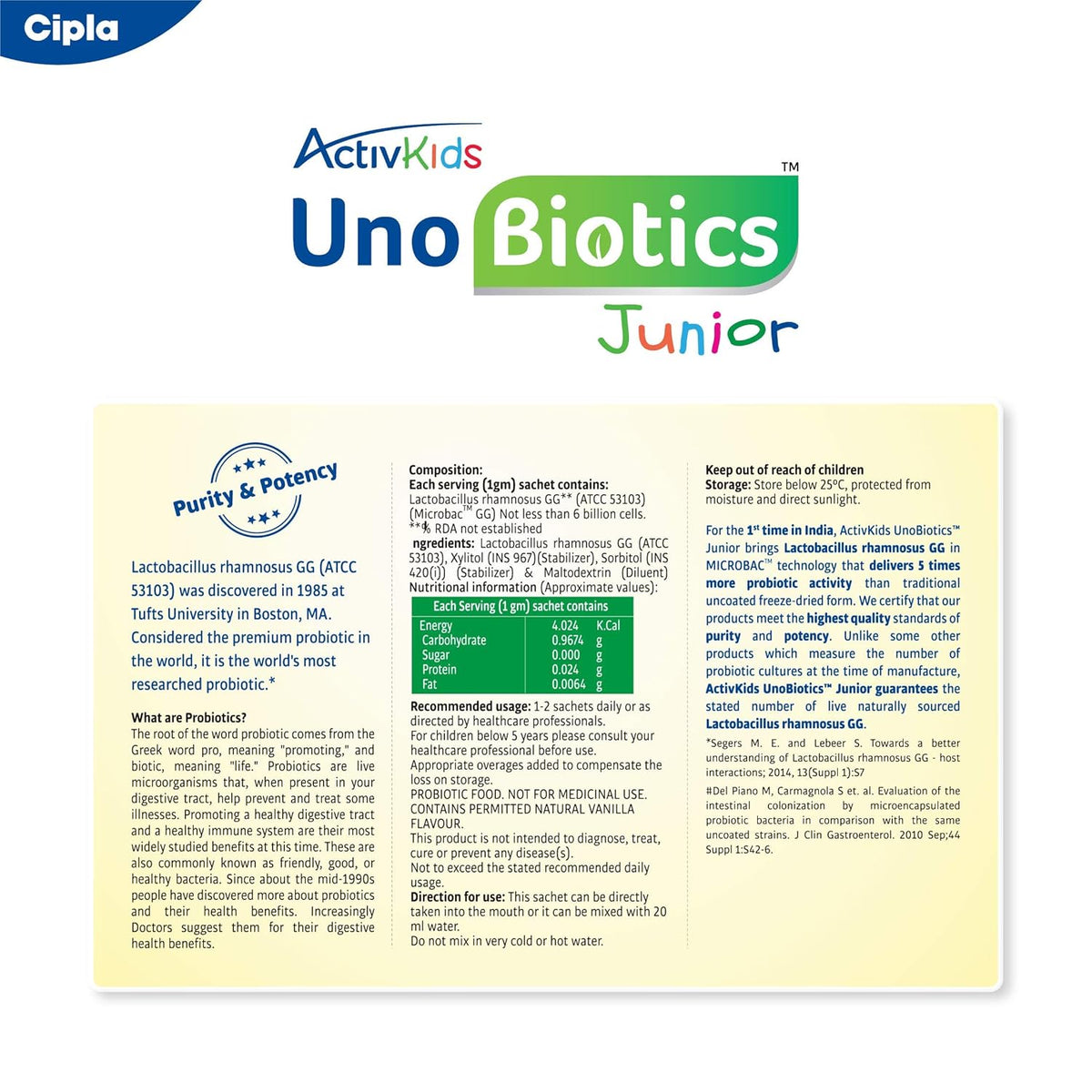 Cipla ActivKids Unobiotics Junior With 5X More Probiotic Activity |Powder Helps Build Immunity & Refills Good Bacteria | Probiotics for Kids - 10 Sachets