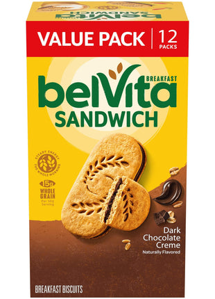 belVita Breakfast Sandwich Dark Chocolate Creme Breakfast Biscuits, Value Pack, 12 Packs (2 Sandwiches Per Pack)
