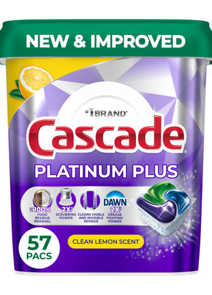 Cascade Platinum Plus Dishwasher Pods, Dishwasher Detergent, Dish Detergent Soap, Lemon, 57 Count