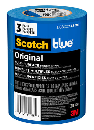 ScotchBlue Original Multi-Surface Painters Tape, 2 Inch Wide (1.88 In. x 60 Yds), 3 Rolls, Blue Paint Tape Protects Surfaces and Removes Easily, Masking Tapes for Indoor and Outdoor Use (2090-48EP3)