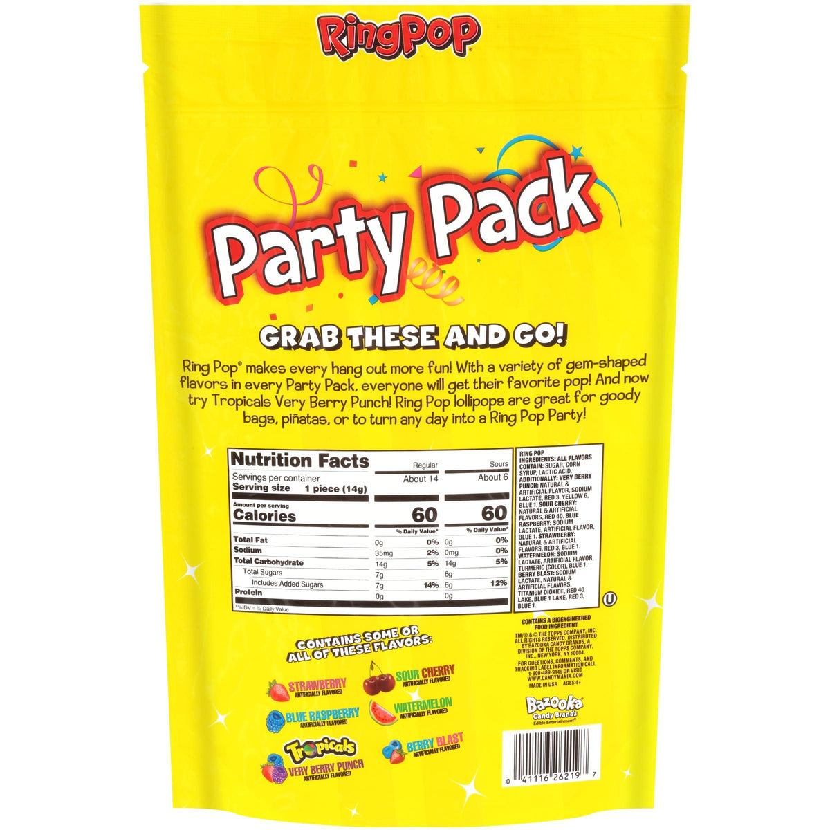 Ring Pop Lollipops - Bulk Candy Individually Wrapped Suckers Variety Party Pack- 20 Count w/ Assorted Flavors - Hard Candy for Party Favors, Kids & Goodie Bags