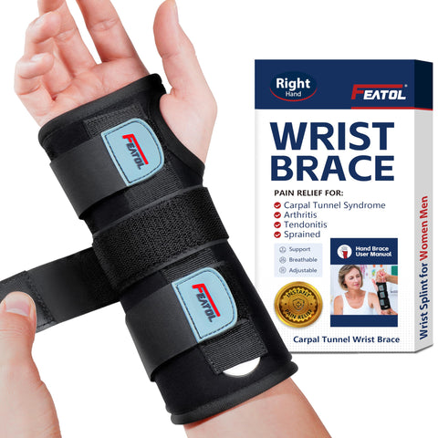 FEATOL Wrist Brace Hand Brace, Carpal Tunnel Wrist Splint Night Support for Women Men, Pain Relief Support -Tendonitis, Arthritis, Sprain, Right Hand, Small/Medium