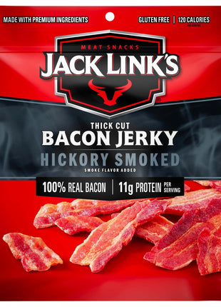 Jack Link's Bacon Jerky, Hickory Smoked   Flavorful Ready to Eat Meat Snack with 11g of Protein per Serving, Made with 100% Thick Cut Real Bacon, Protein Snack, Keto Friendly, 2.5 oz.