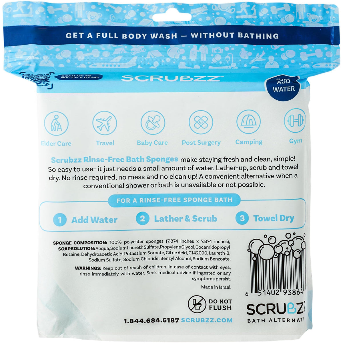 Scrubzz Disposable Rinse Free Bathing Wipes - 25 Pack - All-in-1 Single Use Shower Wipes, Simply Dampen, Lather, and Dry Without Shampoo or Rinsing