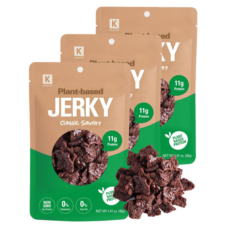Vegan Jerky Korean Classic Savory – Umami Flavor 11g Plant-Based Non-GMO Soy Protein, Low-Fat On the Go Snack - 150 Calories Per Bag, 1.35oz. Pack of 3