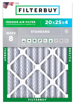 Filterbuy 20x25x4 Air Filter MERV 8 (MPR 700) Dust Defense Replacement (1-Pack), Electrostatic Pleated HVAC AC Furnace Filters, Made in USA (Actual Size: 19.50 x 24.50 x 3.63)