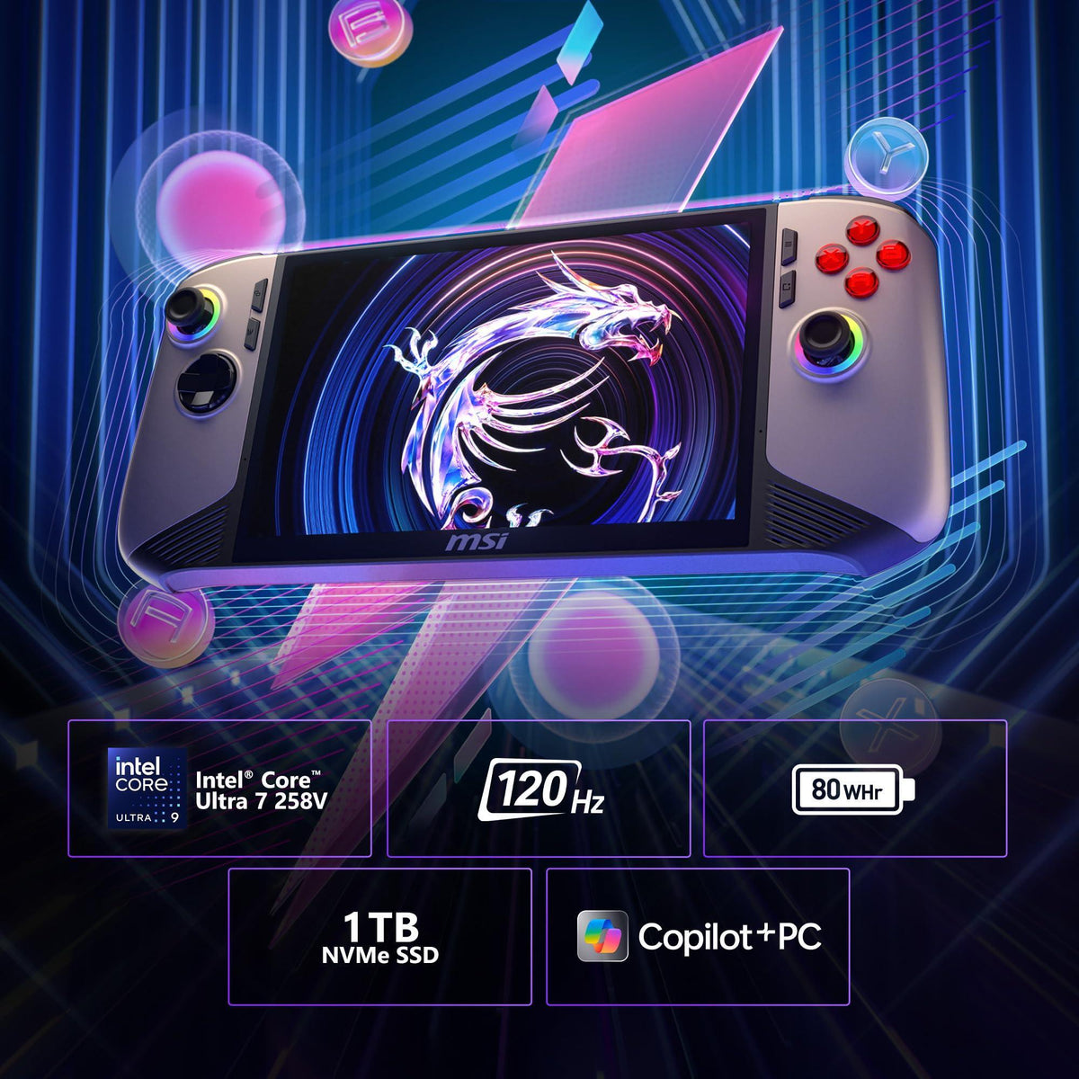 MSI Claw PC Gaming Handheld: Intel Ultra 7-258V, 8" FHD 120Hz Display, 32GB LPDDR5, 1TB NVMe SSD, MicroSD Card Reader, Thunderbolt 4, Win 11 Home: Black 8 AI+ A2VM-001US