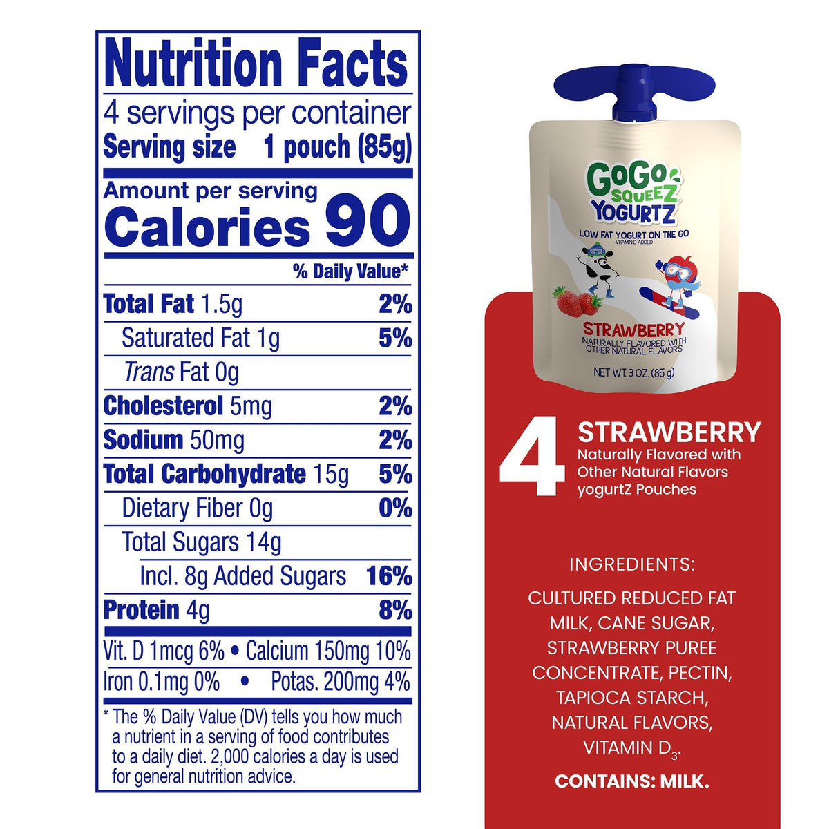 GoGo SqueeZ YogurtZ Strawberry, Kids Snacks Made from Real Yogurt & Fruit, Pantry Friendly Snack, No Fridge Needed, No Preservatives, Kosher Certified, Gluten Free, 3 Oz, 4 Pack