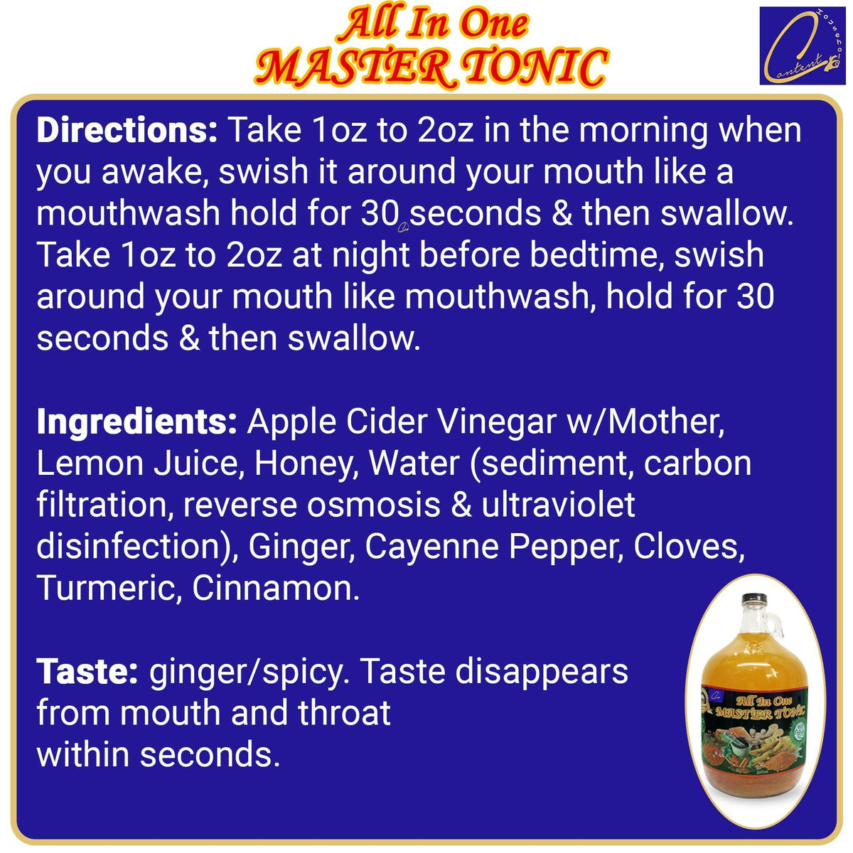 13oz Organic All in One Master Tonic juice with cinnamon, cloves, Natural apple cider vinegar, lemon, ginger, turmeric, cayenne pepper, honey, water