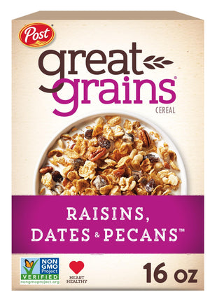 Great Grains Raisins Dates and Pecans Breakfast Cereal, Raisin Cereal with Sweet Dates and Granola Clusters, Non GMO Project Verified, 16 OZ Box