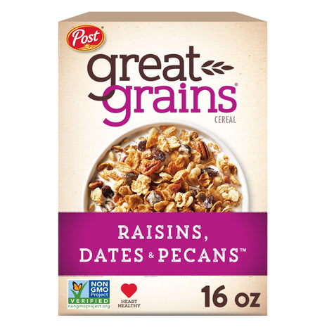 Great Grains Raisins Dates and Pecans Breakfast Cereal, Raisin Cereal with Sweet Dates and Granola Clusters, Non GMO Project Verified, 16 OZ Box