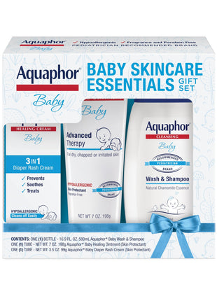 Aquaphor Baby Skin Care Essentials Gift Set, 3 Item Variety Pack | Baby Wash and Shampoo (16.9 FL OZ), Healing Ointment for Chapped Skin and Drool Rash (7 OZ), Diaper Rash Cream (3.5 OZ)